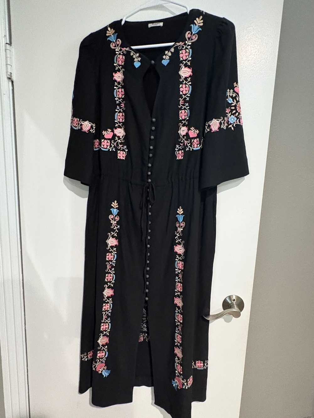 VILA Black Midi Dress with Pink & Blue Floral Embroidery
